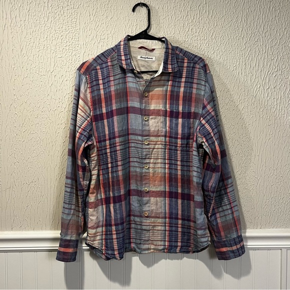 Tommy Bahama Linen Blue and Pink Plaid Button-Down Shirt size medium - Picture 2 of 15